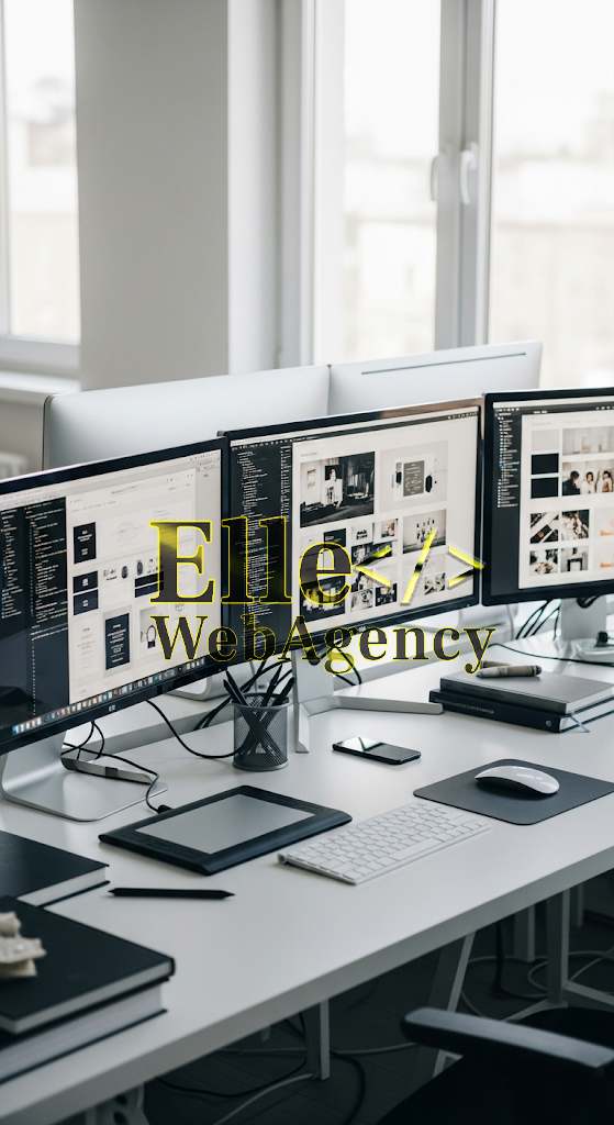 Ambiente di lavoro pulito e luminoso di un'agenzia di web design con scrivania e monitor dedicati alla creazione di siti.